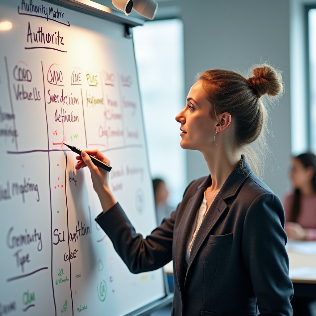 Authority matrix being designed on a whiteboard during a consulting session