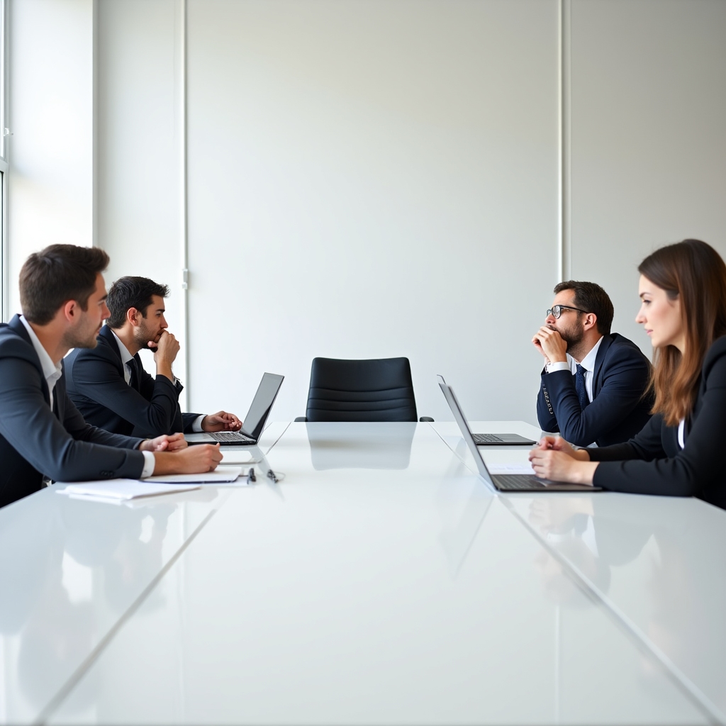 Team waiting for owner approval in a meeting room