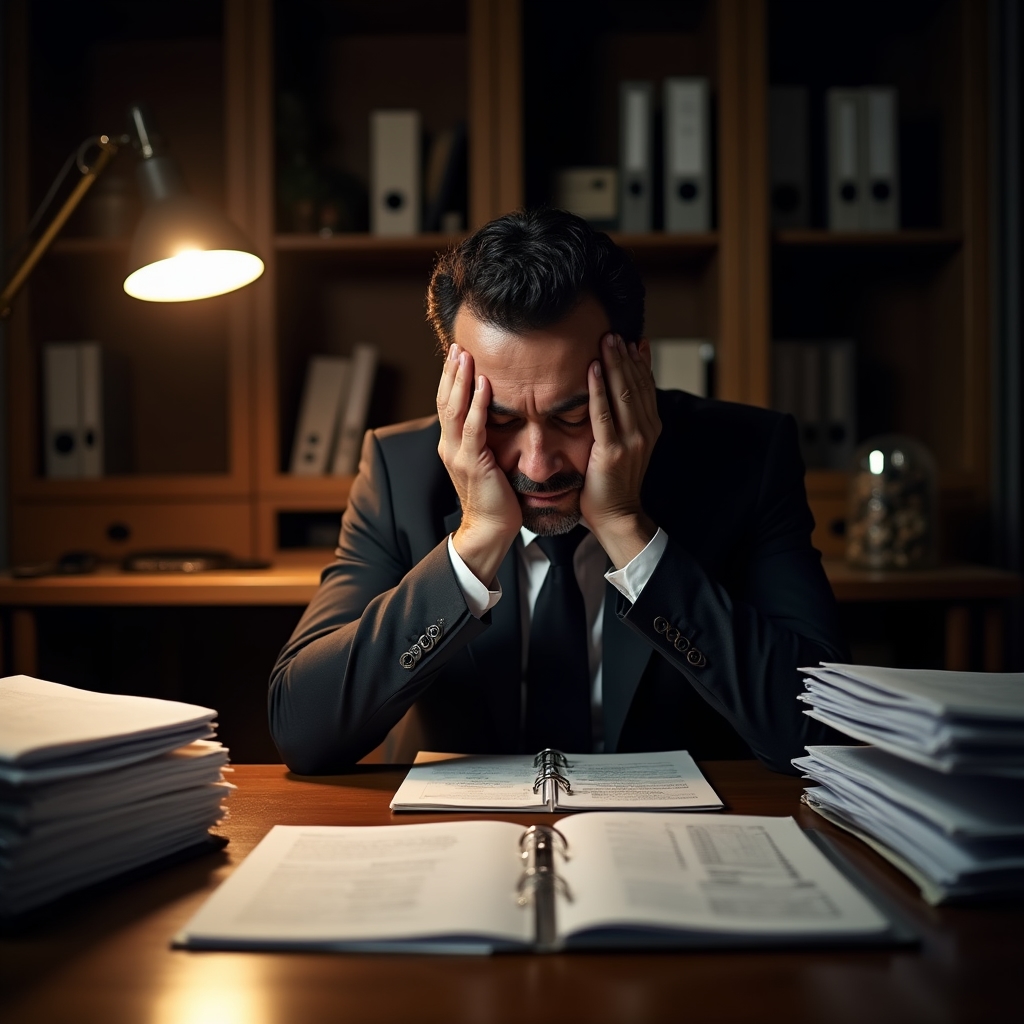 Business owner surrounded by decisions at a desk